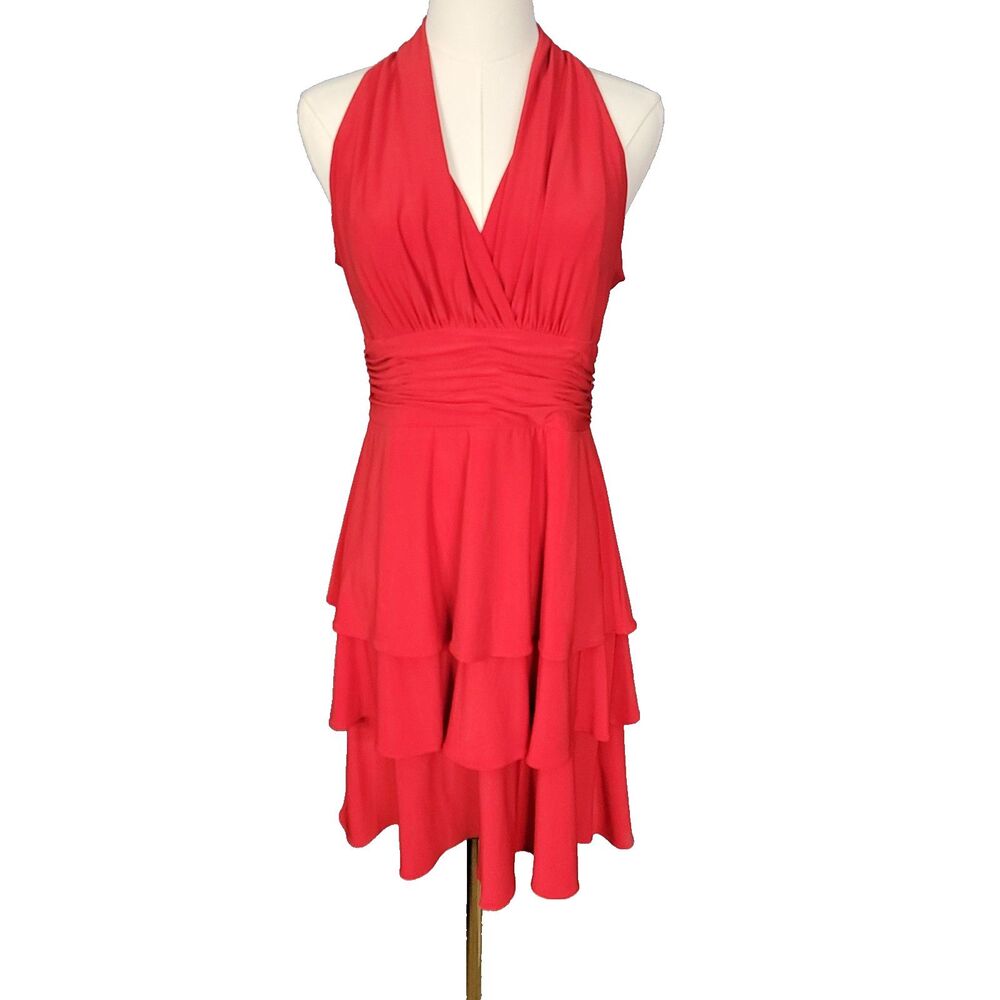 Evan Picone Womens 8P Red Knee Length Party Dress Halter Ruffles Tiered y2k